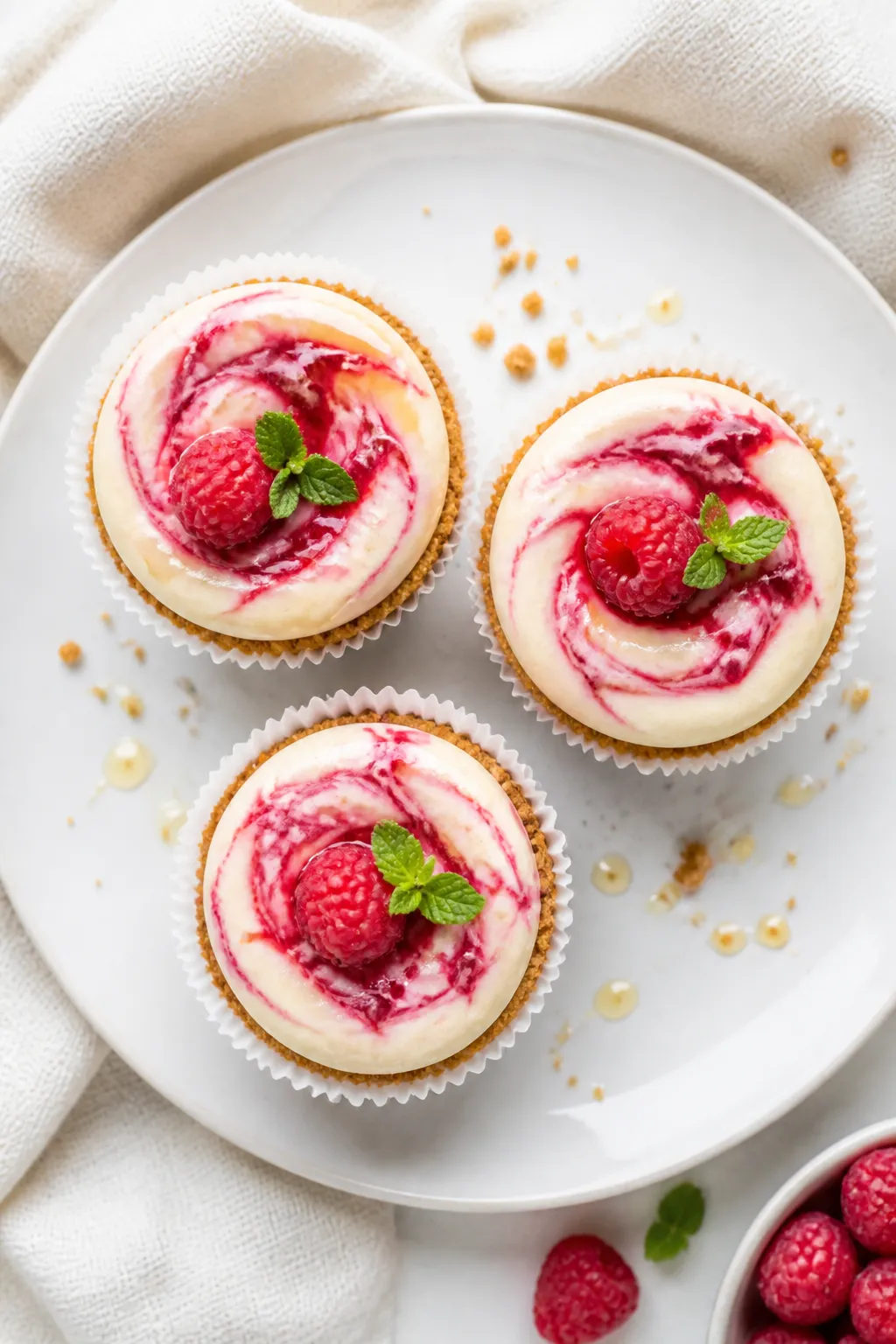 Final dish, overhead beauty shot: A trio of fully set Cottage Cheese Raspberry Cheesecake Cups in pa