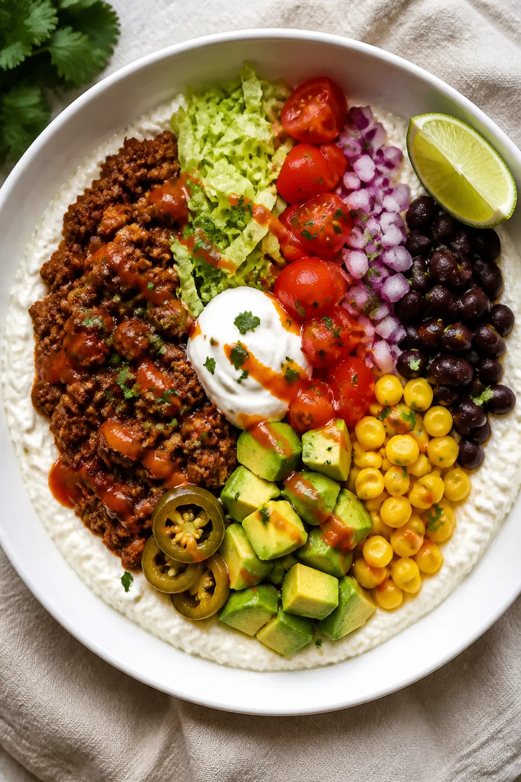 Final dish overhead: Cottage Cheese Taco Protein Bowl, in a wide, shallow white bowl—creamy stirre