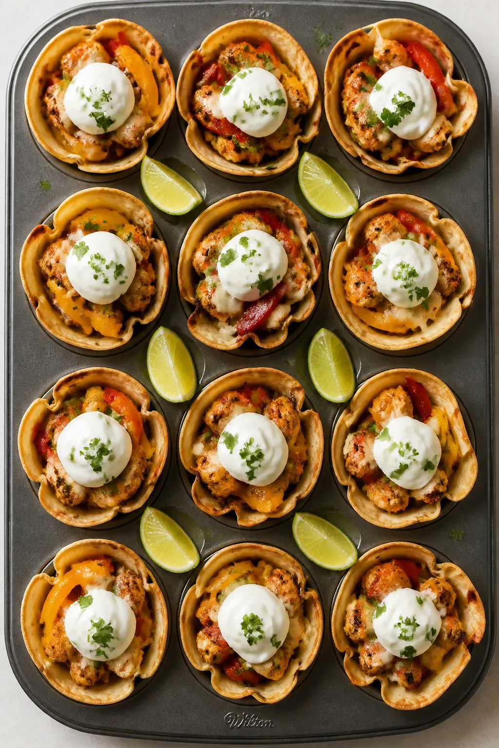 Final dish overhead: Crisp mini tortilla snack cups in a 12-cup muffin tin, each filled with browned