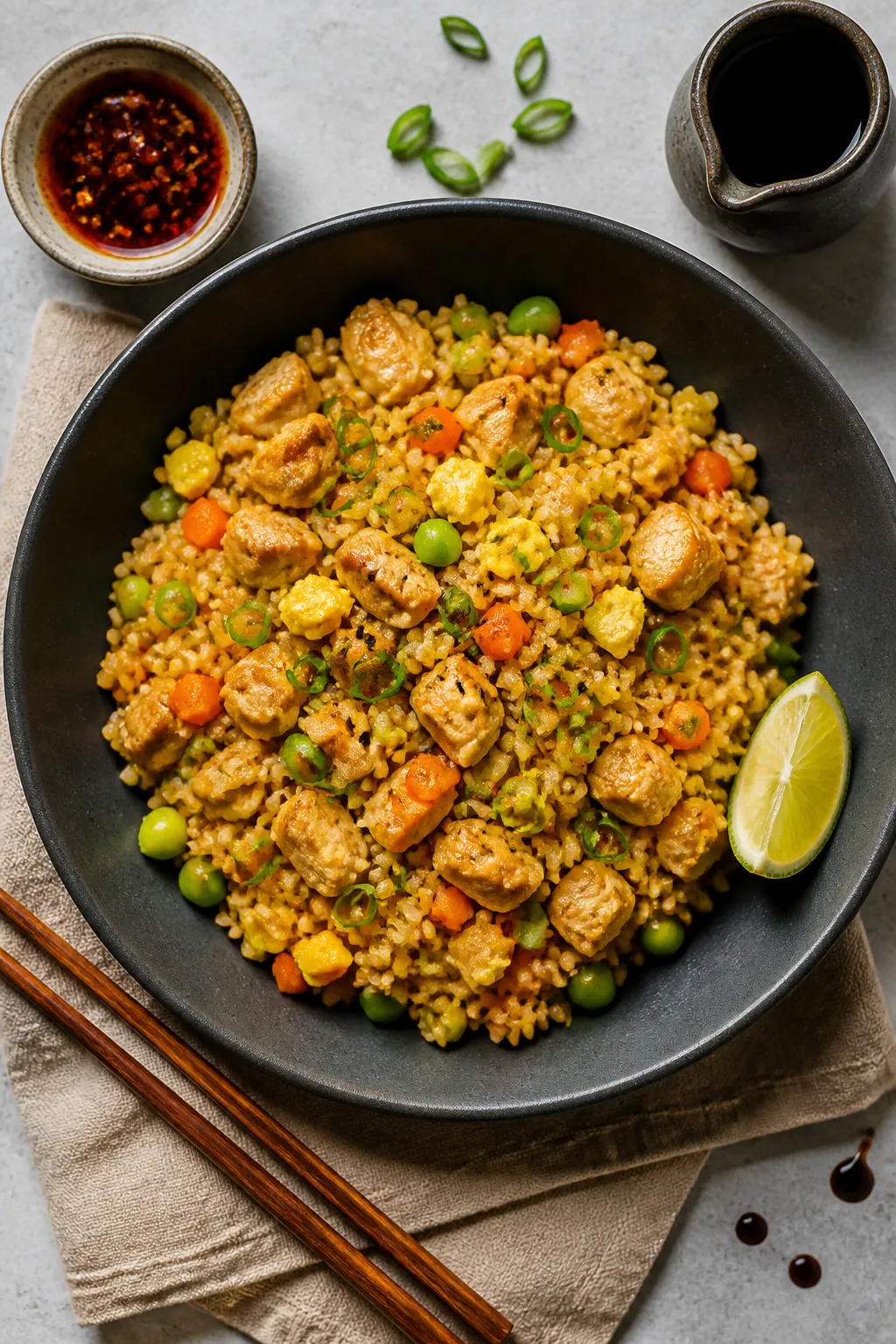 Final dish — Overhead hero shot of beautifully plated High Protein Chicken Fried Rice in a wide, m
