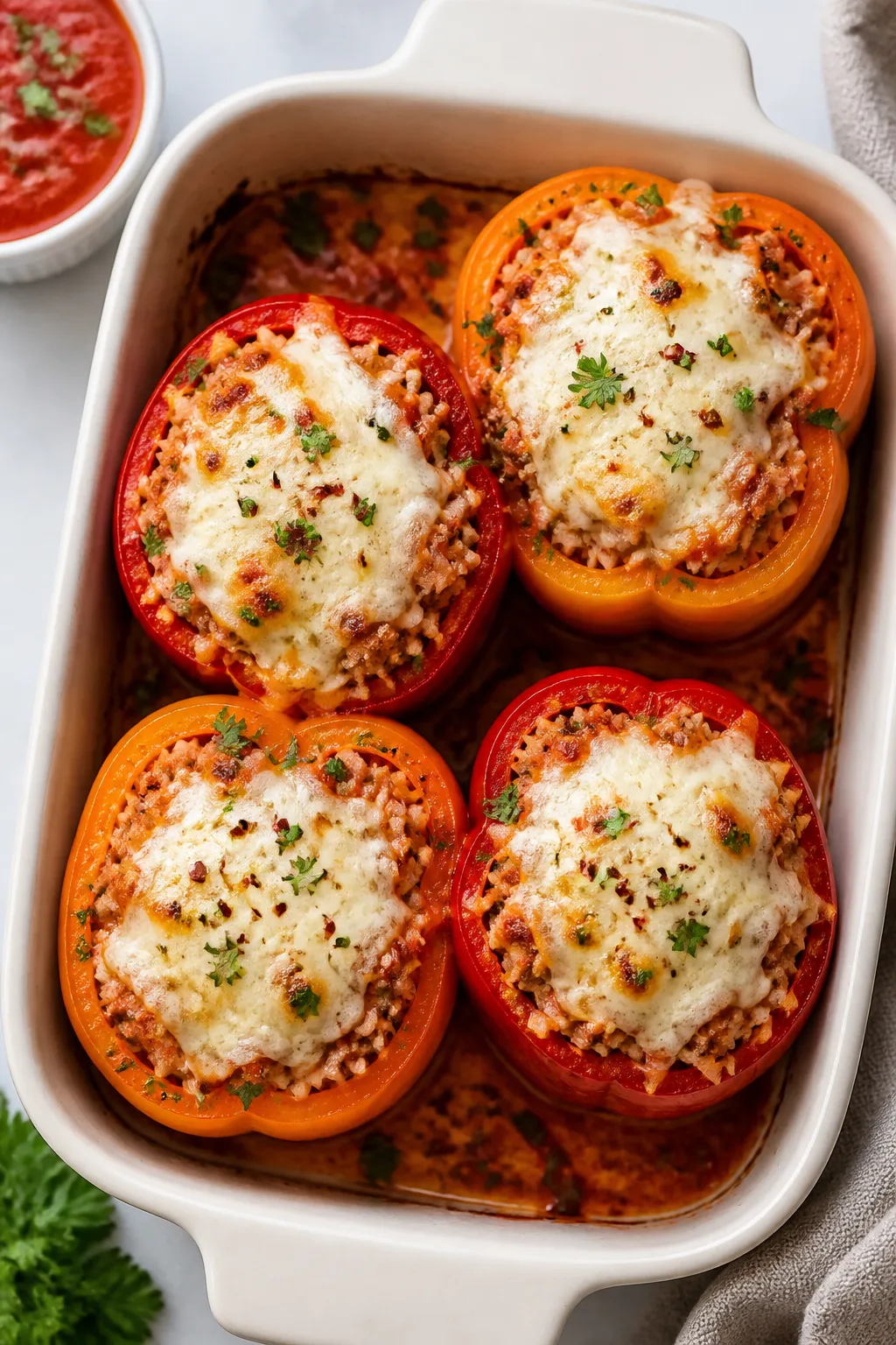 Final dish overhead: High Protein Turkey Stuffed Peppers baked until tender, four red and orange bel