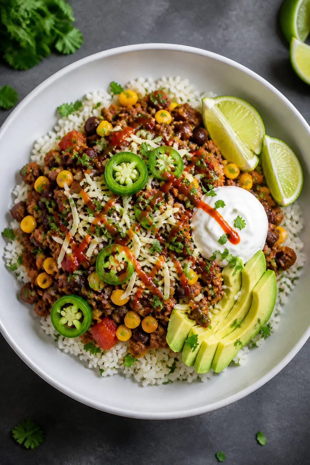 Final dish overhead: High-protein turkey taco skillet bowl, top-down on a matte white plate set over