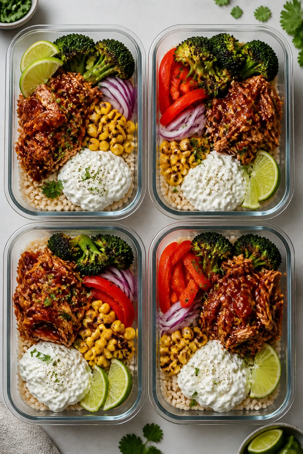 Final dish, overhead meal-prep layout: Top-down shot of four neatly assembled Cottage Cheese BBQ Chi
