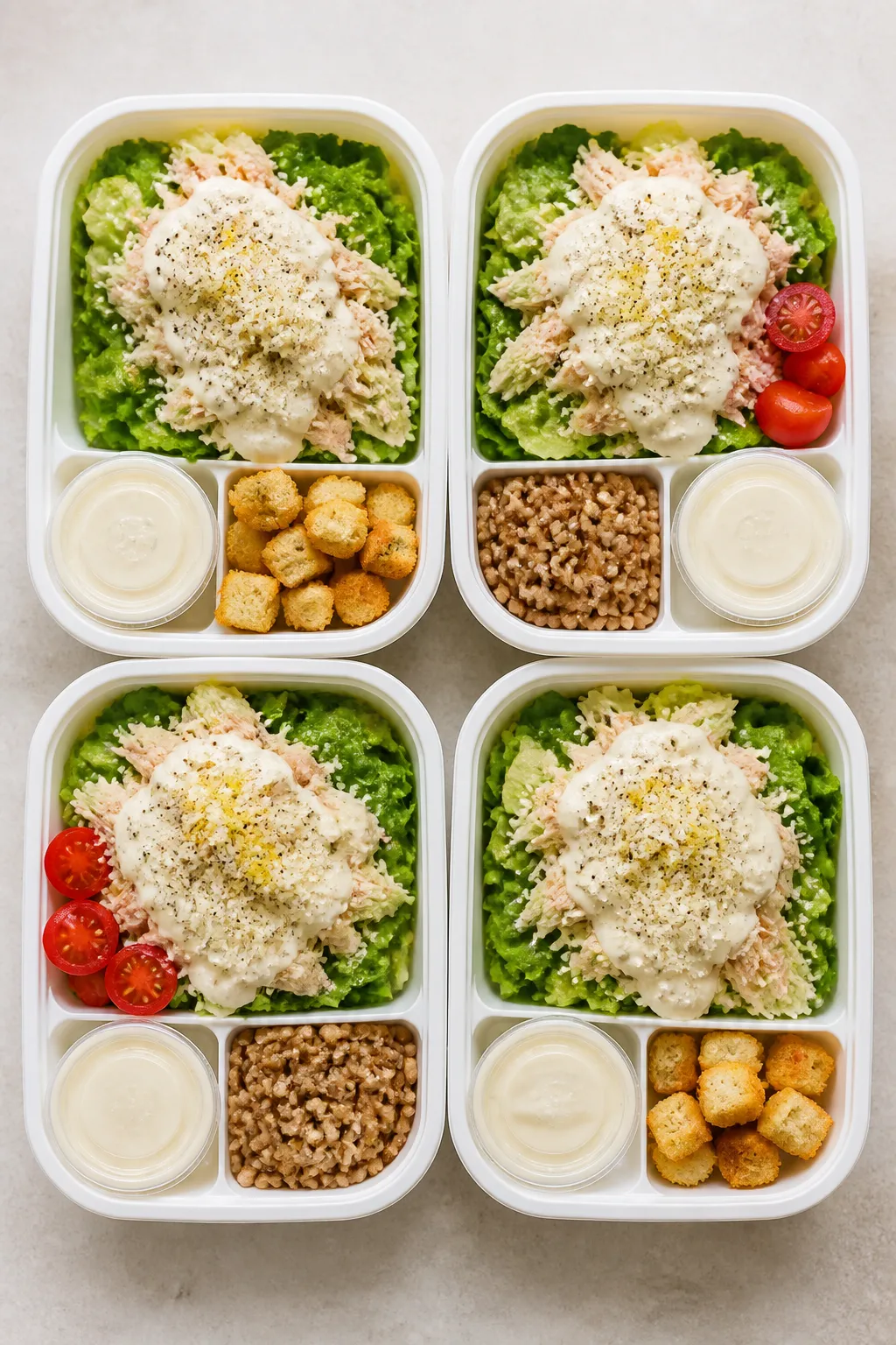 Final dish overhead: Meal-prep lineup of Cottage Cheese Chicken Caesar bowls, of crisp chopped romai