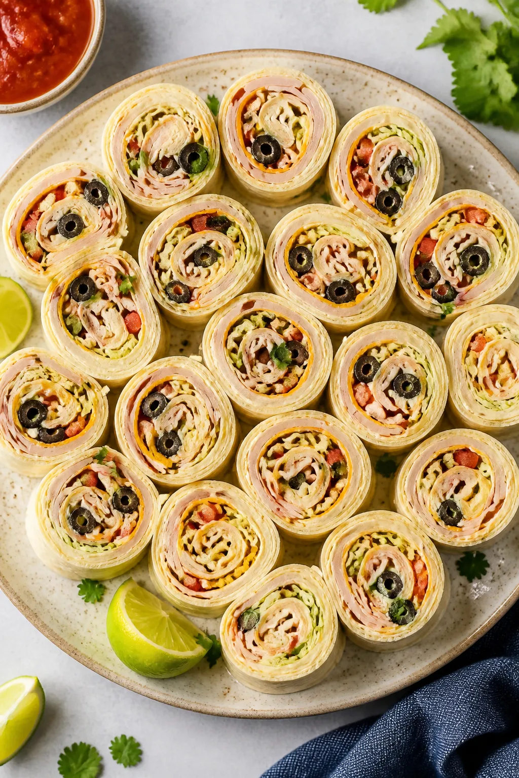 Final dish, overhead party platter: Overhead shot of turkey taco roll-up pinwheels neatly sliced int