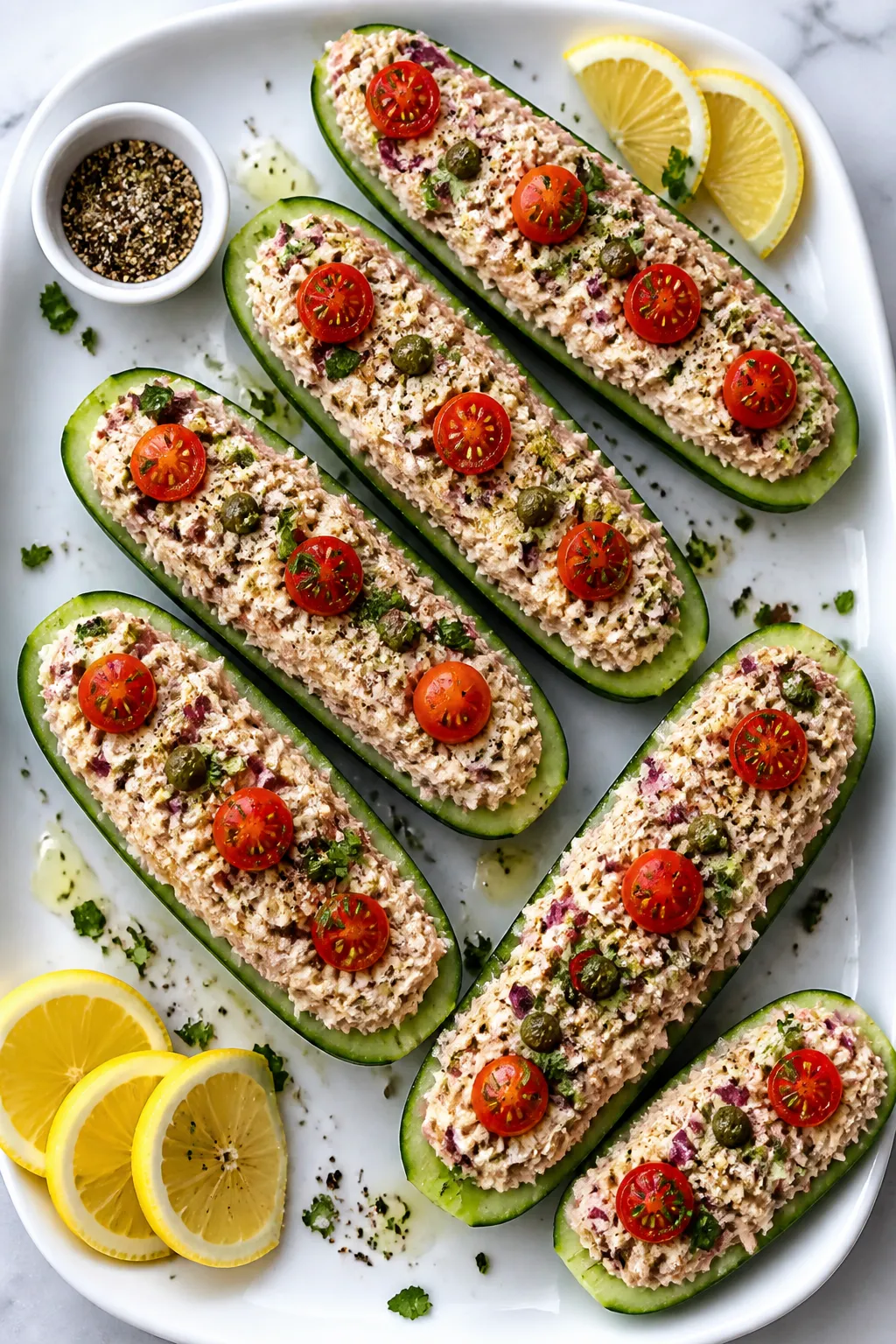 Final dish, overhead presentation: Top-down shot of finished Tuna Salad Cucumber Boats arranged in a