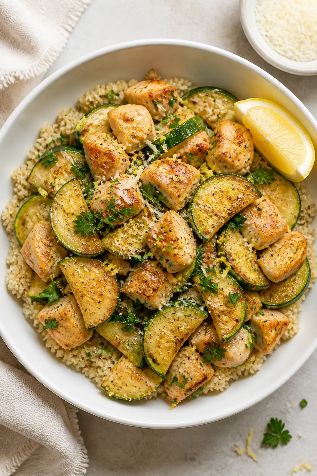 Final dish — Overhead shot of Protein Packed Chicken Zucchini Skillet plated in a wide, shallow wh