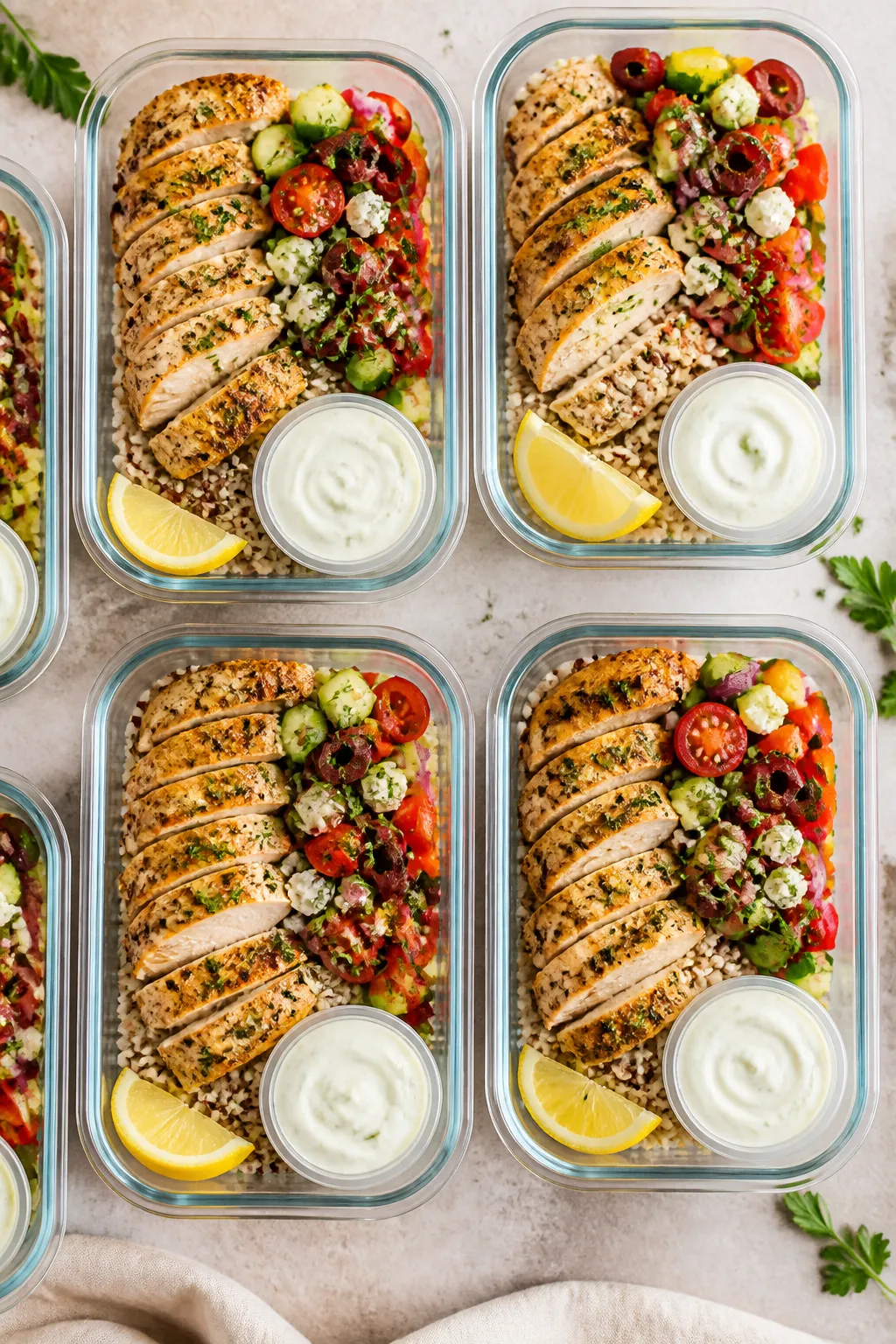 Final dish — Overhead shot of Skinny Greek Chicken Meal Prep Bowls neatly arranged for the week: s
