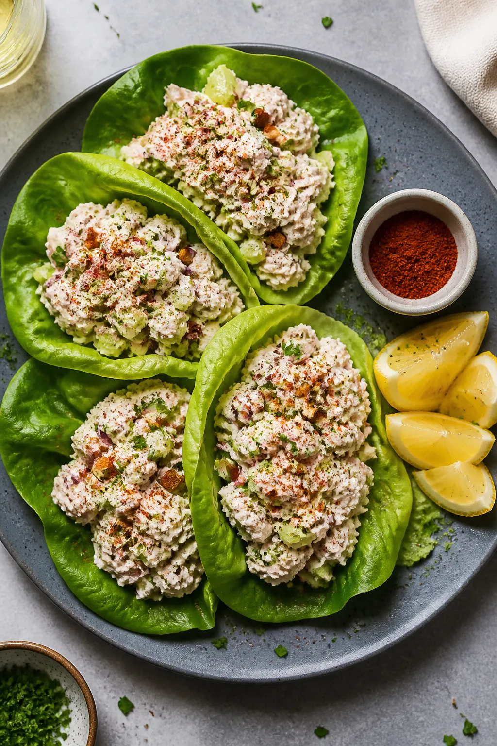 Final dish/overhead: Tasty top-down shot of high-protein chicken salad lettuce wraps arranged in a f