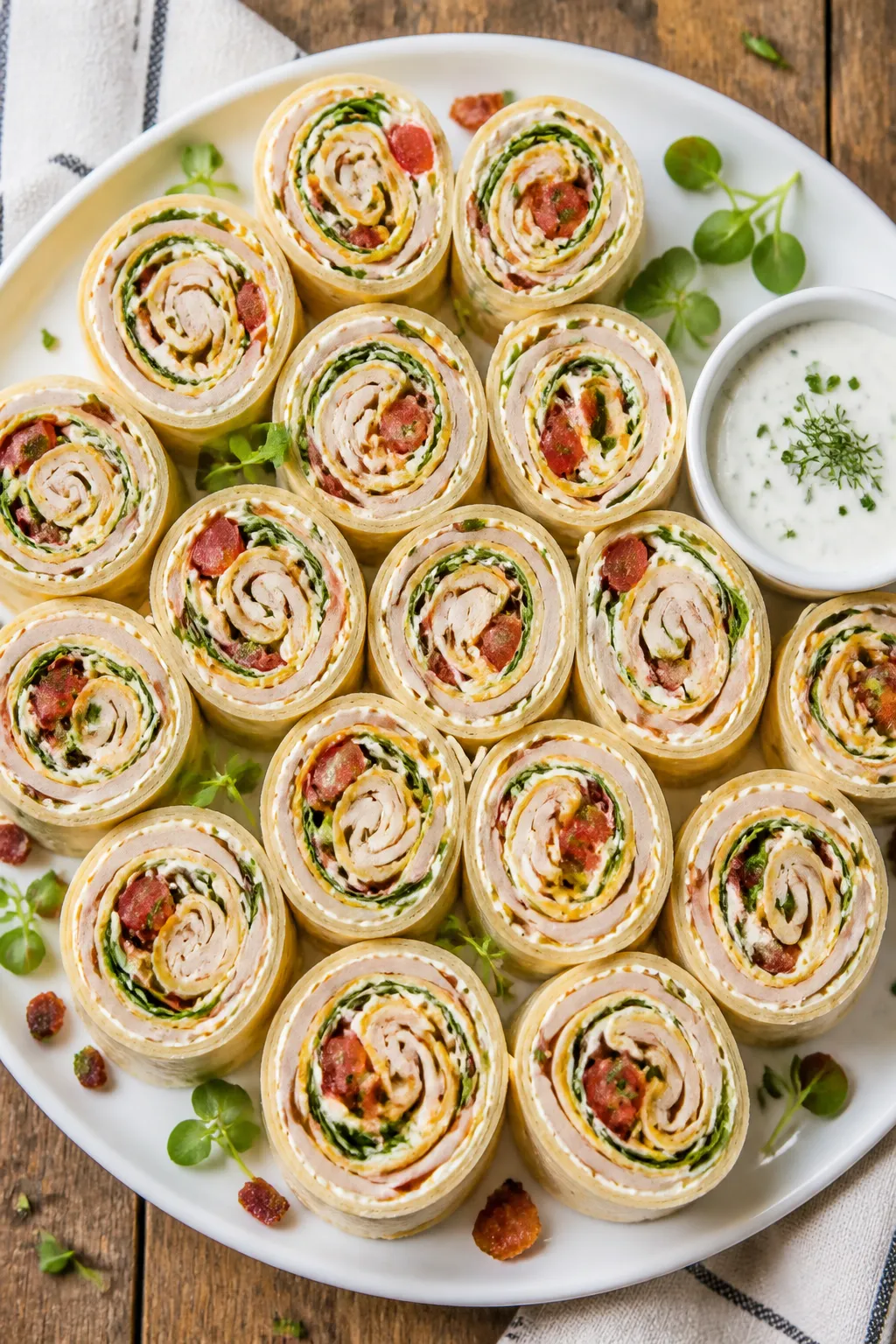 Final dish overhead: Top-down platter of perfectly sliced 1-inch pinwheels arranged in a tight, circ