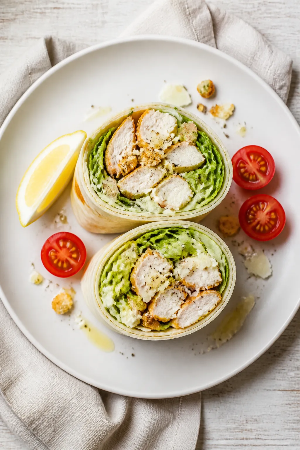 Final dish overhead: Two neatly sliced Cottage Cheese Chicken Caesar Wrap halves arranged seam-side 
