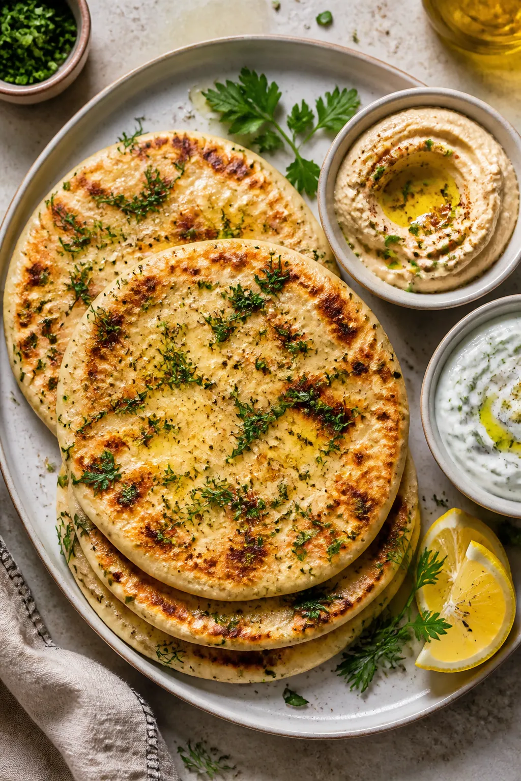 Final dish overhead: Warm stack of skillet-cooked Cottage Cheese Garlic Herb Flatbreads on a neutral