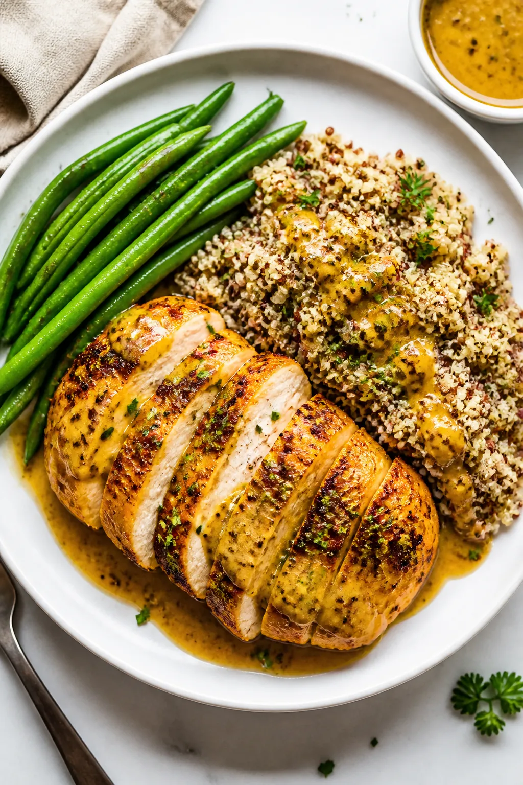 Final dish, tasty top view: Overhead plated High Protein Honey Mustard Chicken, sliced on a white ce