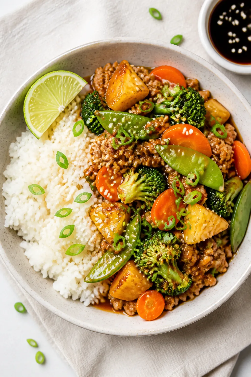 Final dish, tasty top view: Overhead shot of a beautifully composed Ground Turkey Teriyaki Bowl—fl