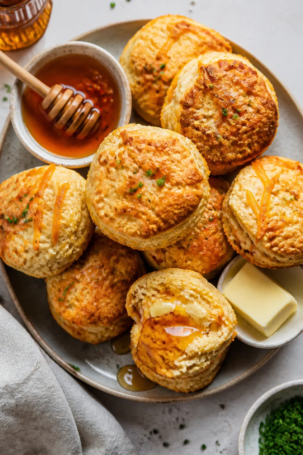 Final dish, tasty top view: Overhead shot of a brunch-ready plate of Cottage Cheese Cheddar Biscuits