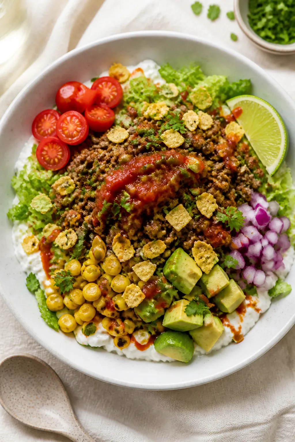 Final dish, tasty top view: Overhead shot of a Cottage Cheese Taco Bowl layered on cool, creamy cott