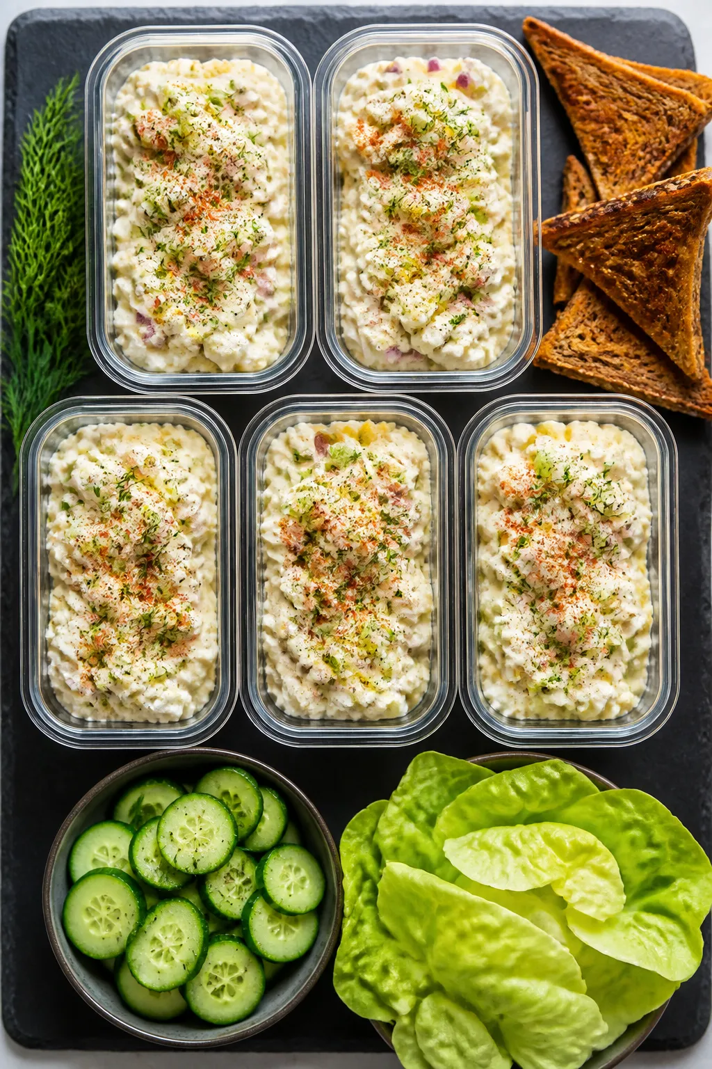 Final dish, tasty top view: Overhead shot of a meal-prep spread featuring cottage cheese egg salad p