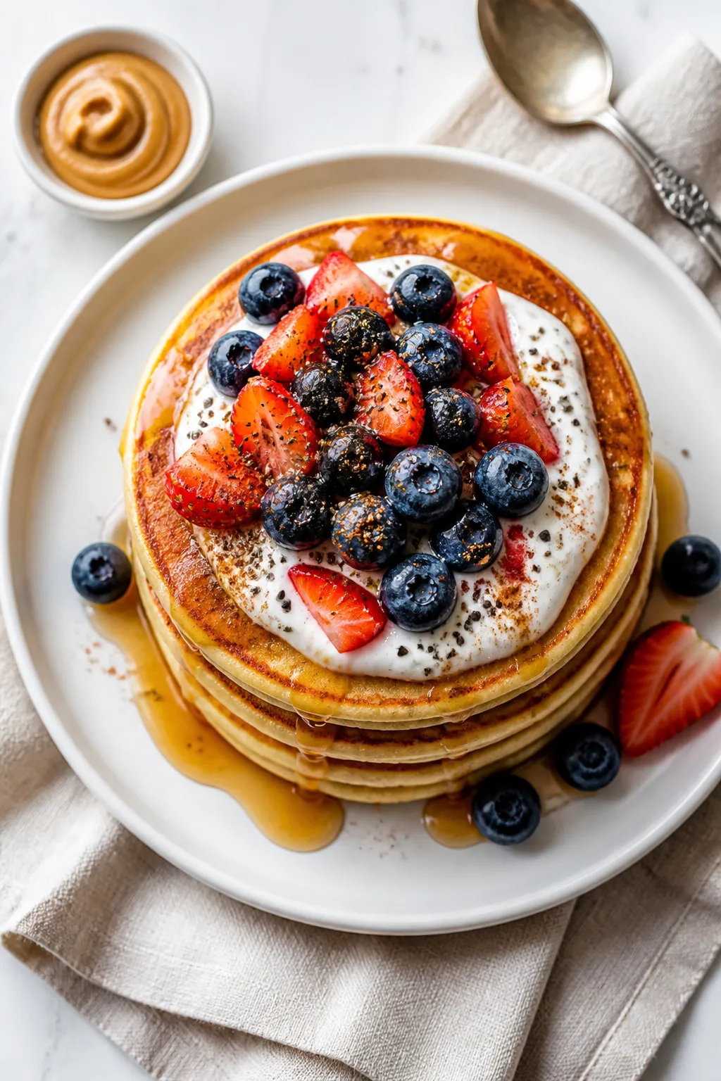 Final dish, tasty top view: Overhead shot of a neatly stacked tower of cottage cheese protein pancak