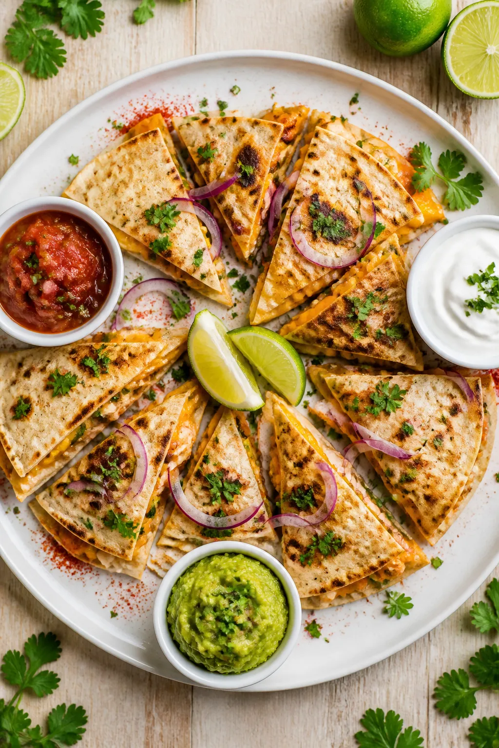 Final dish, tasty top view: Overhead shot of a platter of high-protein mini chicken quesadillas cut
