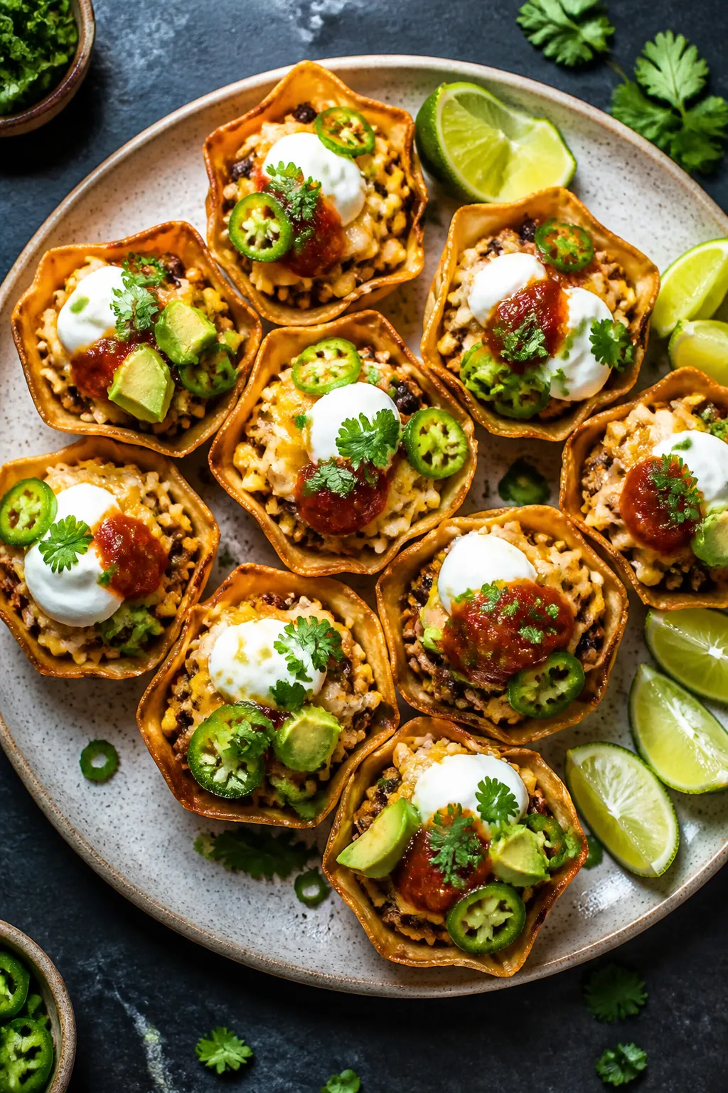 Final dish, tasty top view: Overhead shot of a rustic platter piled with High Protein Taco Snack Cup