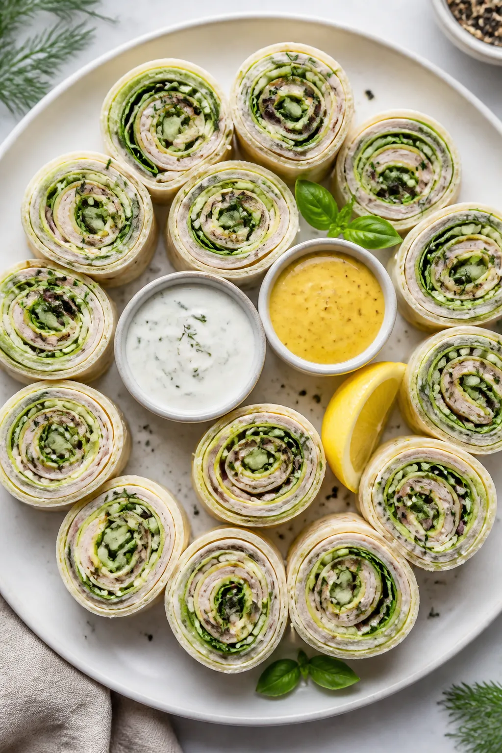 Final dish tasty top view: Overhead shot of bite-size turkey roll-up rounds (secured and then toothp
