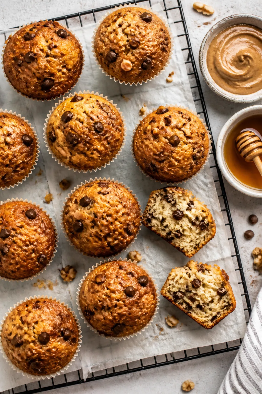 Final dish, tasty top view: Overhead shot of freshly baked cottage cheese protein muffins with baker