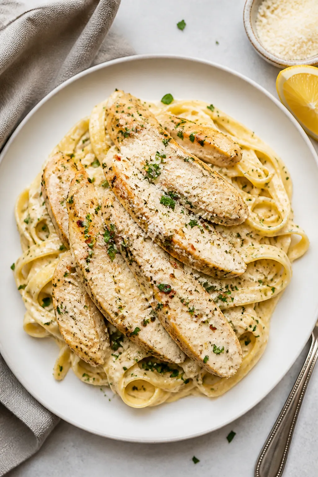 Final dish, tasty top view: Overhead shot of High Protein Cottage Cheese Alfredo Chicken served over