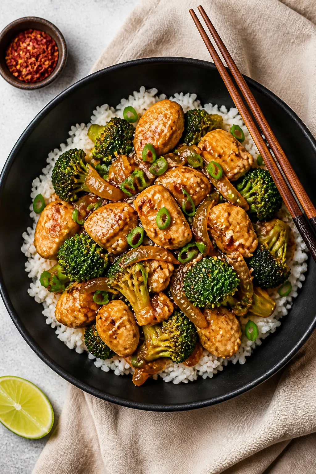 Final dish, tasty top view: Overhead shot of High Protein Chicken & Broccoli Stir Fry spooned over f