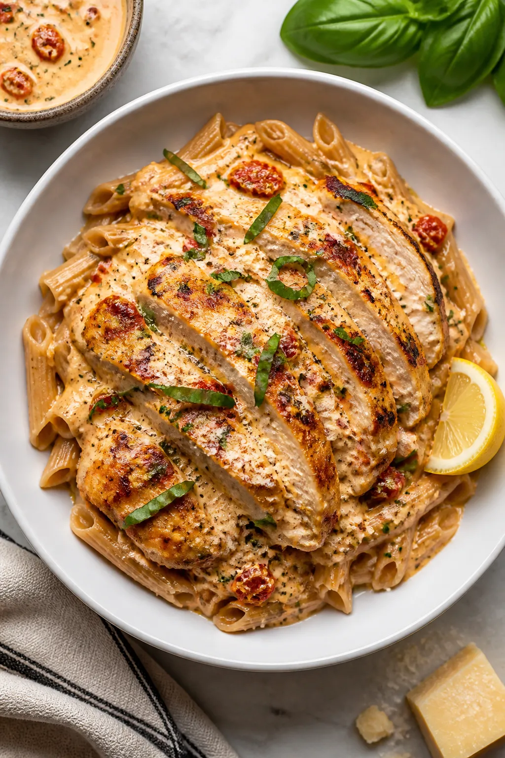 Final dish, tasty top view: Overhead shot of High Protein Marry Me Chicken plated over al dente whol