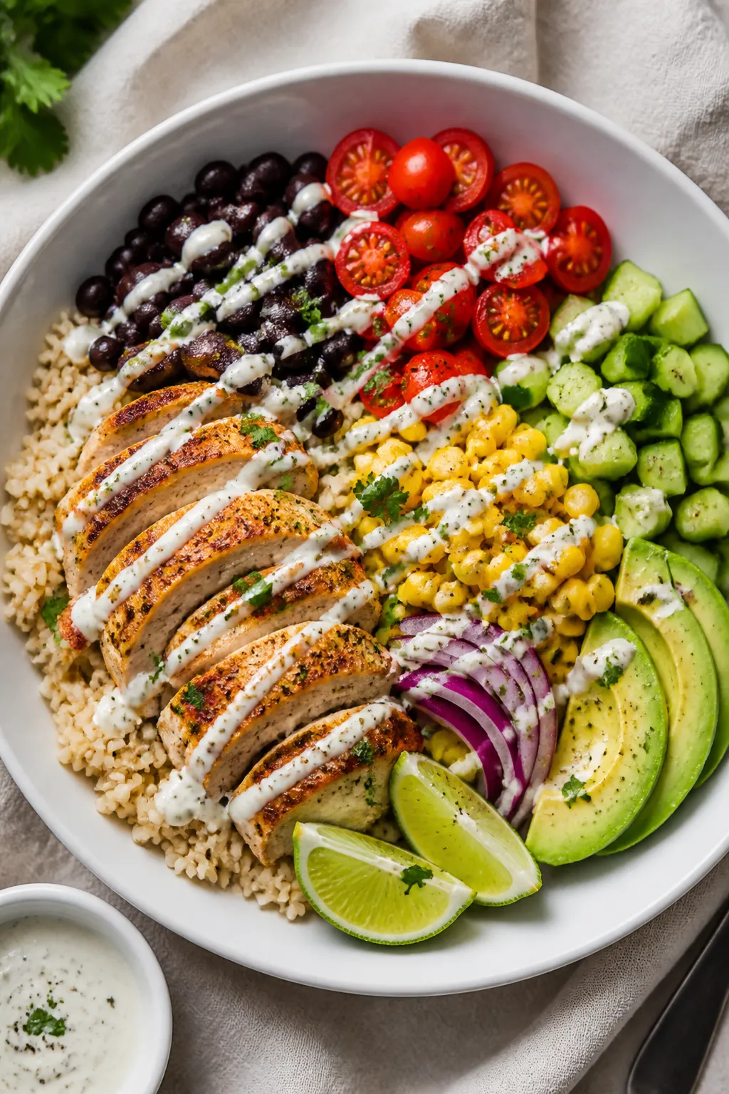 Final dish, tasty top view: Overhead shot of High Protein Ranch Chicken Bowl assembled on a wide, ma