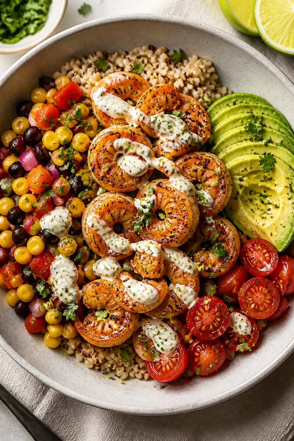 Final dish, tasty top view: Overhead shot of High Protein Cajun Shrimp Bowl beautifully assembled—