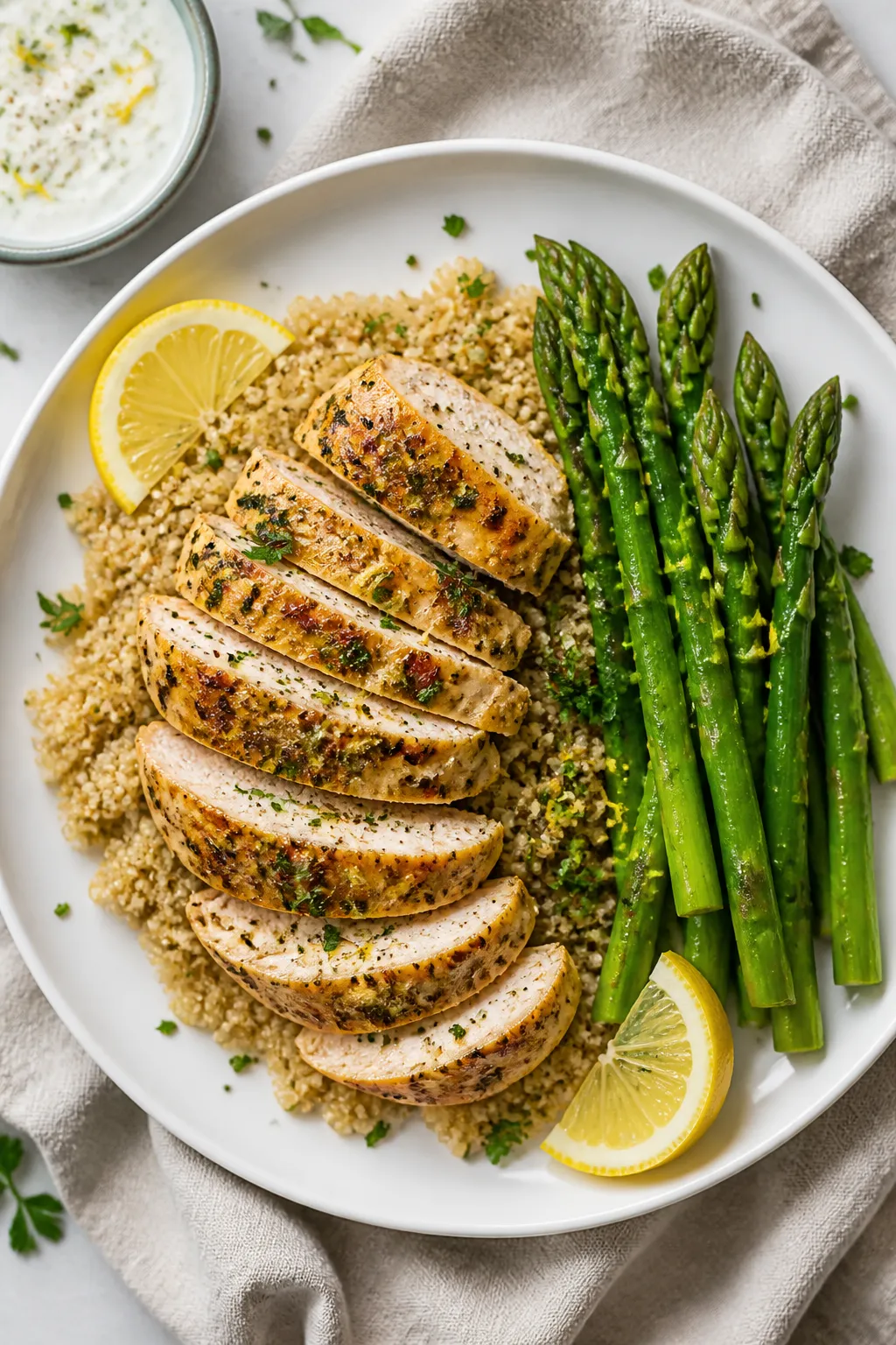 Final dish, tasty top view: Overhead shot of High Protein Lemon Herb Chicken sliced and fanned over 