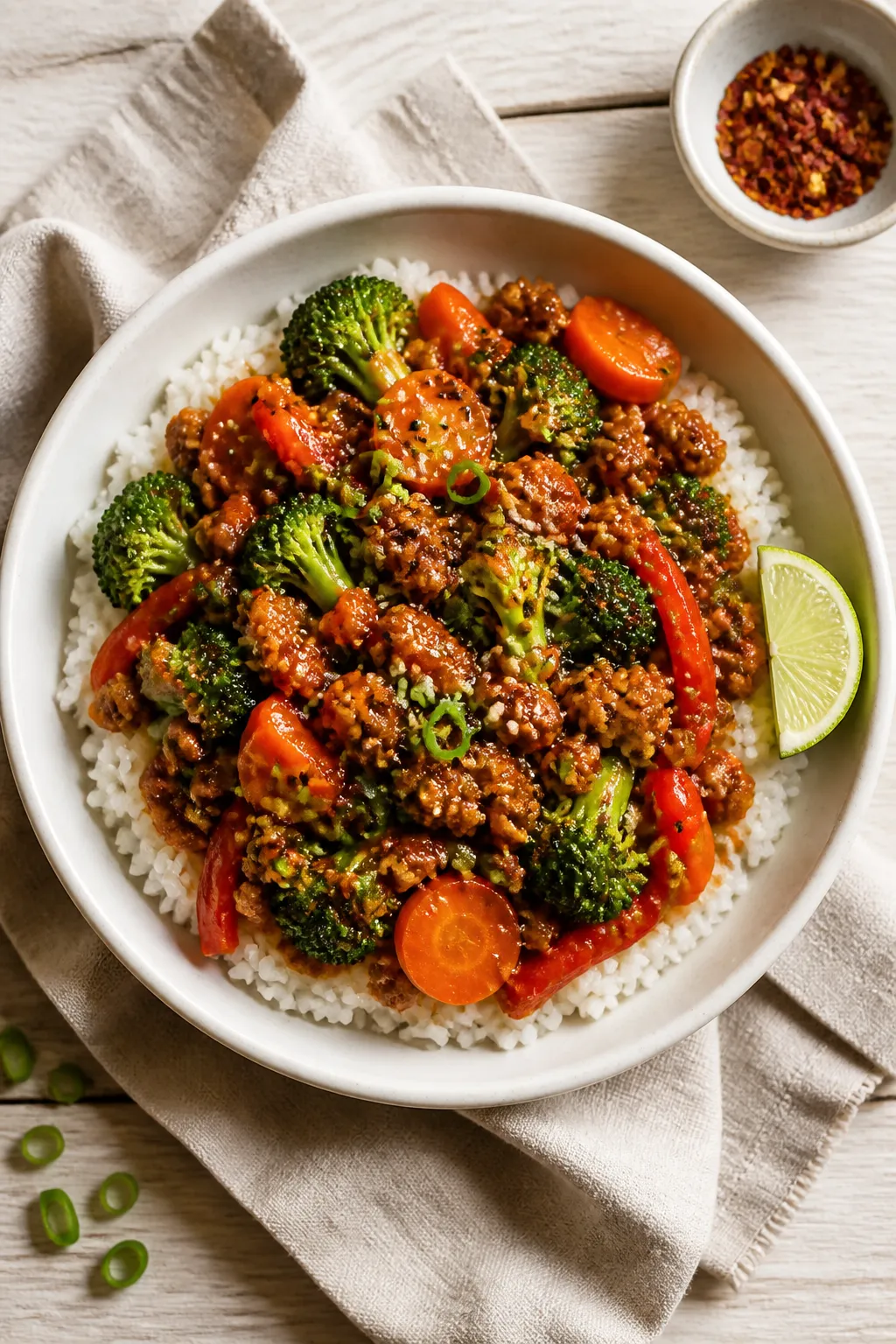 Final dish, tasty top view: Overhead shot of Lean Ground Chicken Teriyaki Bowls—jasmine rice base 