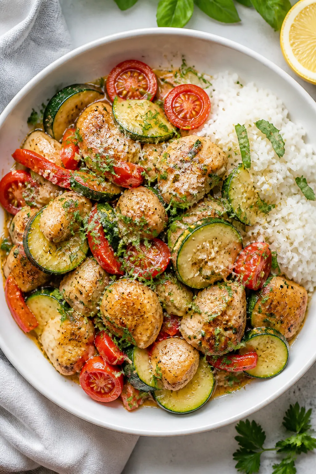 Final dish, tasty top view: Overhead shot of Protein Packed Chicken Zucchini Skillet plated family-s