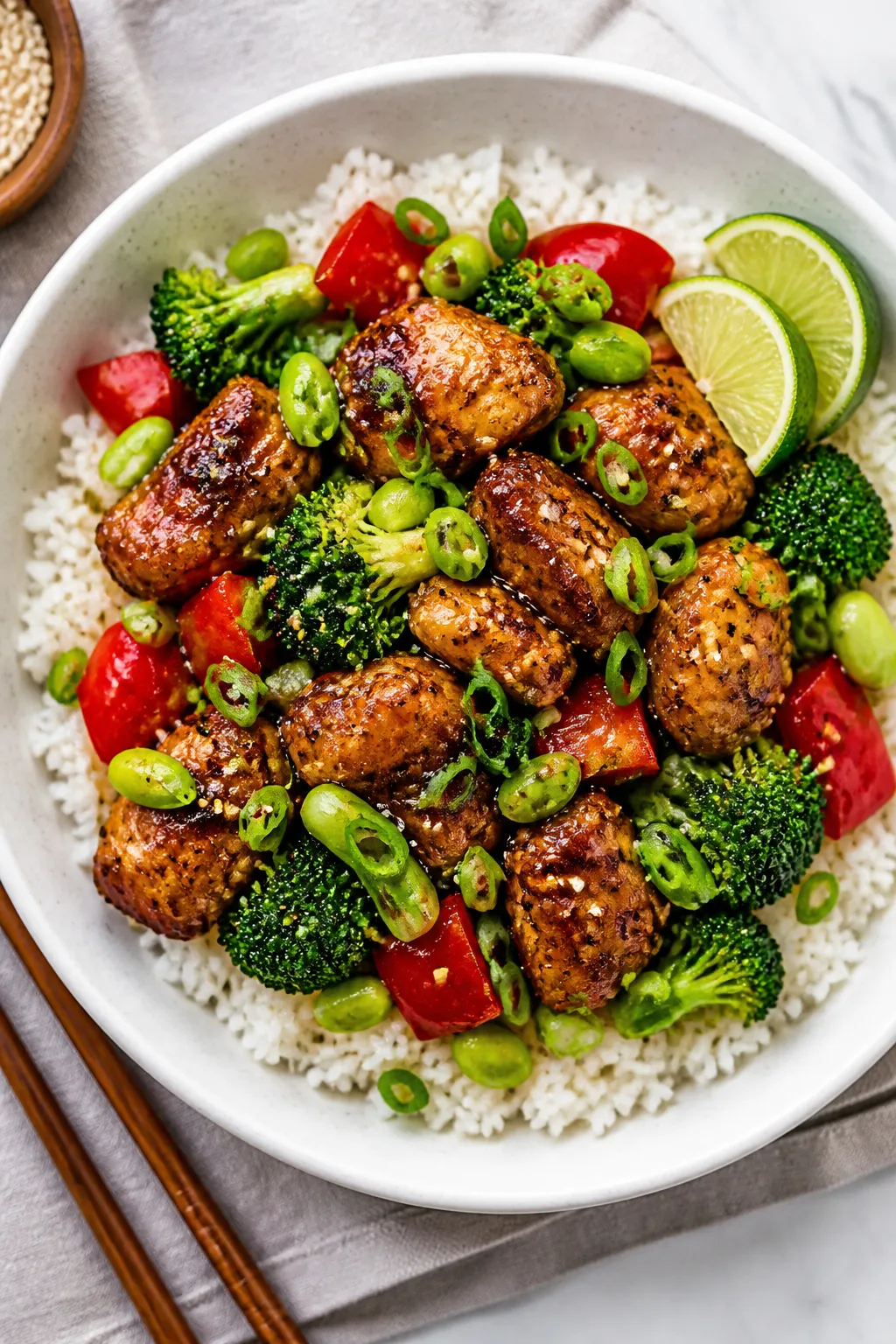 Final dish, top view: Overhead shot of High Protein Garlic Chicken Rice Bowls — fluffy jasmine ric