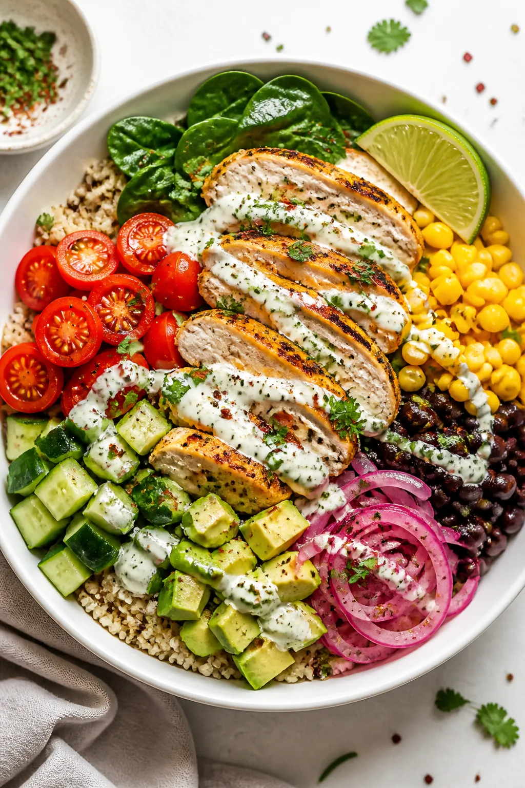 Final dish top view: Overhead shot of High Protein Ranch Chicken Bowl artfully arranged in a wide wh