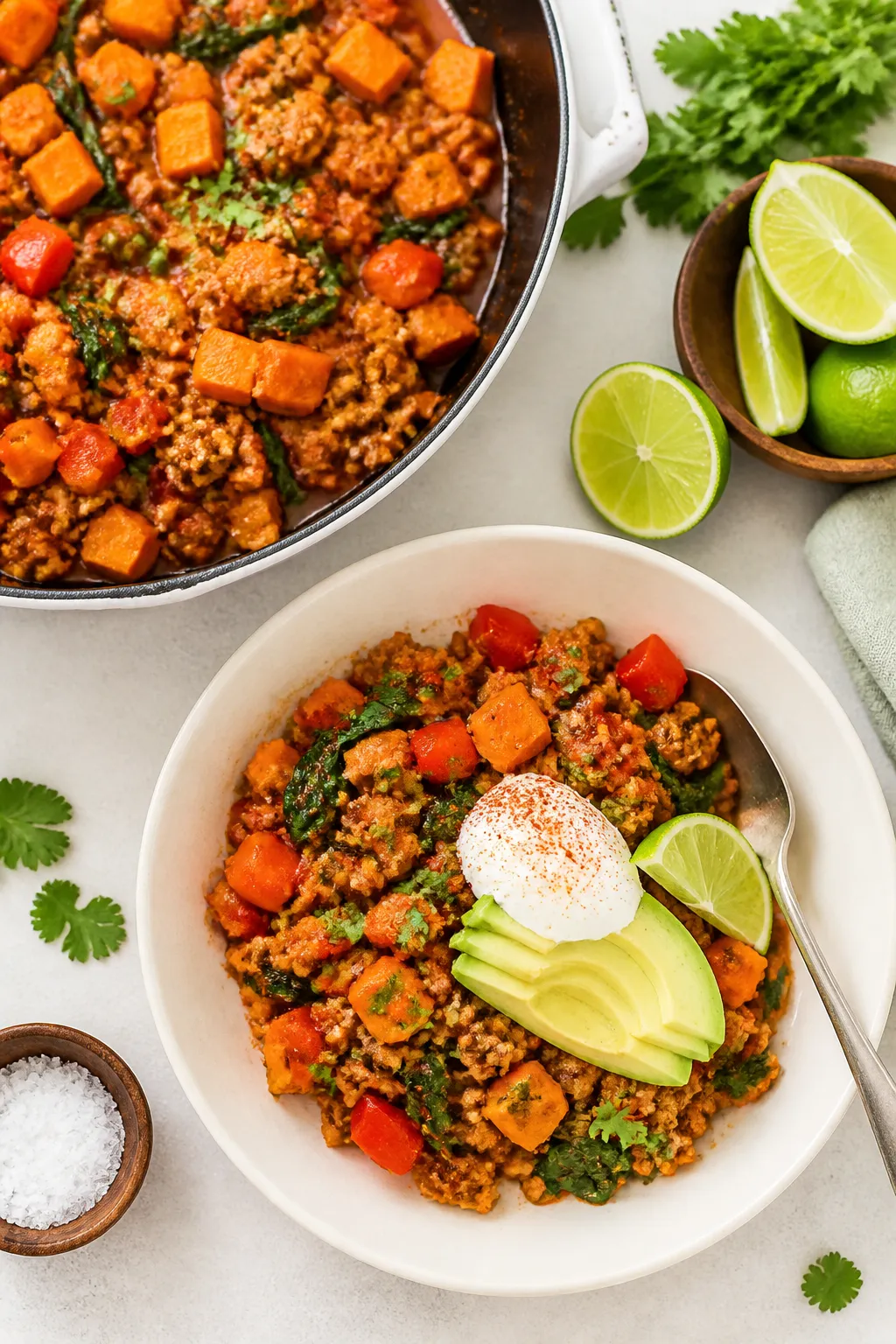 Final dish, top view: Overhead shot of the finished Healthy Ground Turkey Sweet Potato Skillet serve