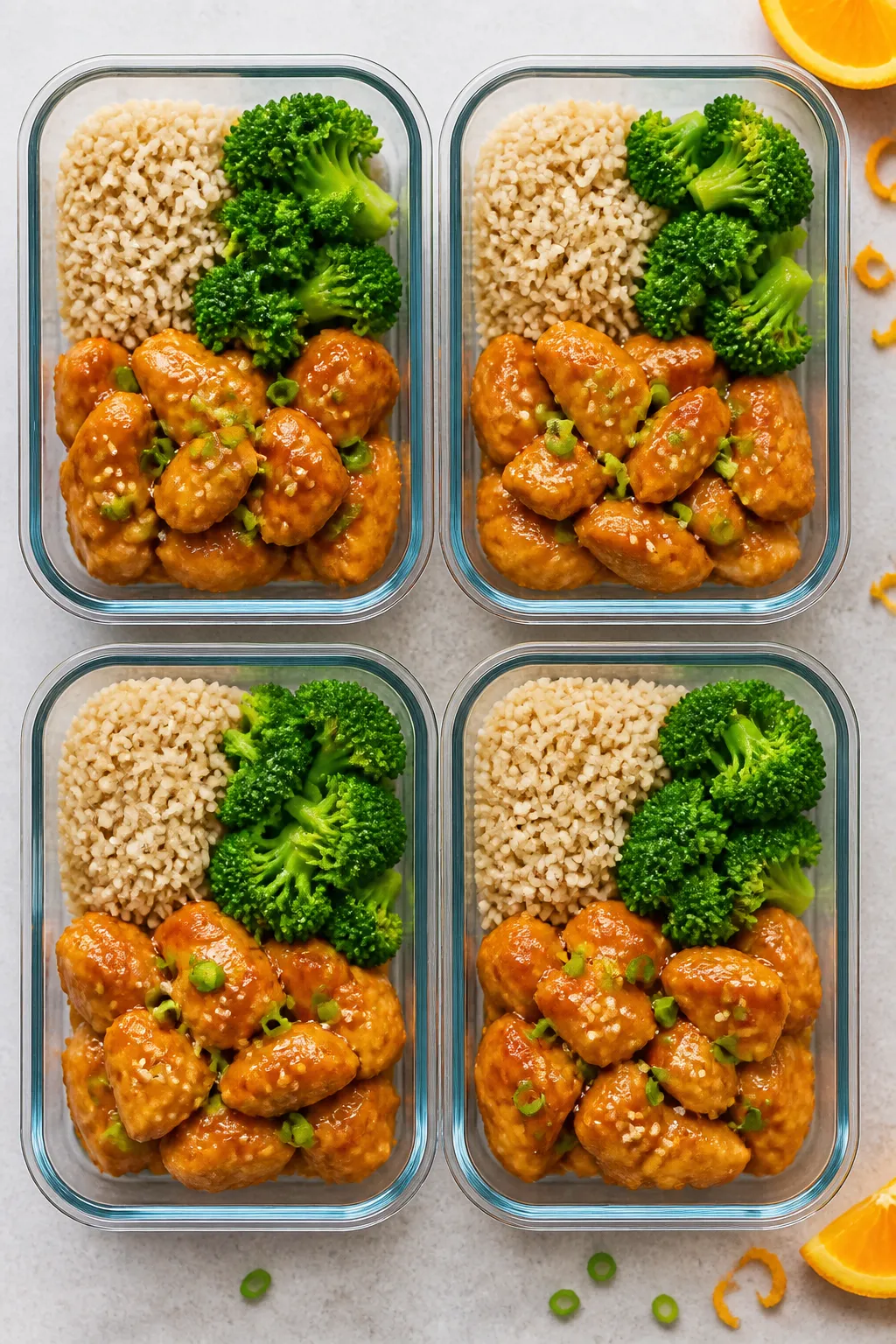Final meal-prep overhead: Four neat glass containers arranged on a light stone surface, each with a
