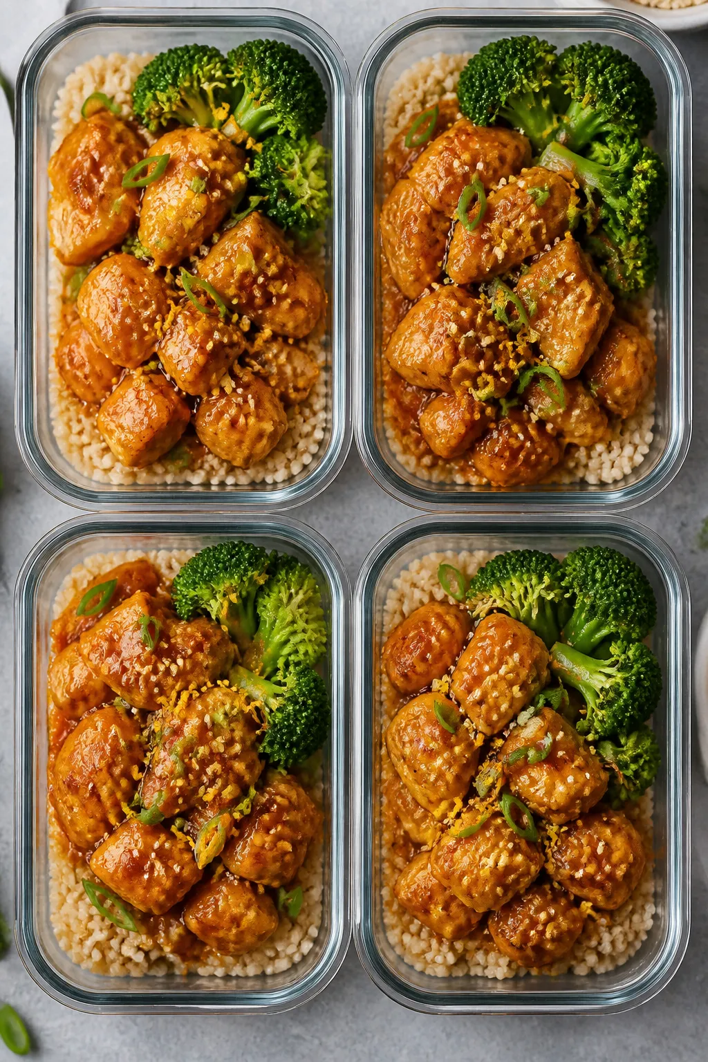 Final meal-prep overhead: Tasty top-down shot of four neatly arranged meal prep containers filled wi