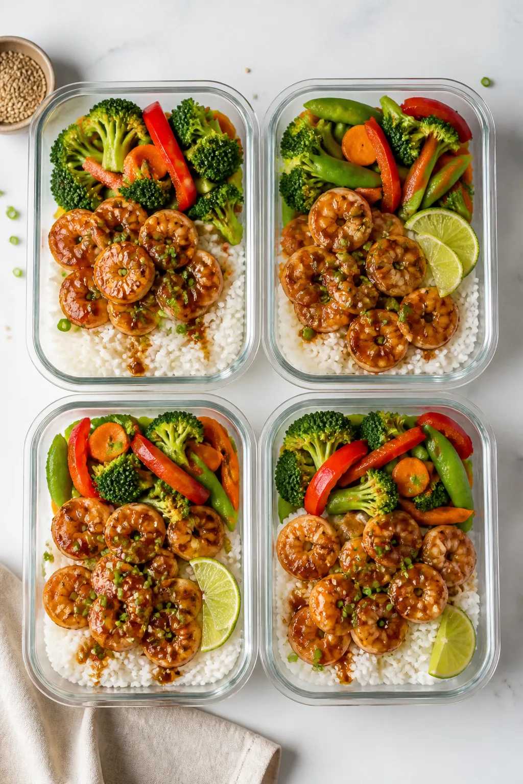 Final meal-prep overhead: Top-down shot of four neat meal-prep containers filled with jasmine rice b