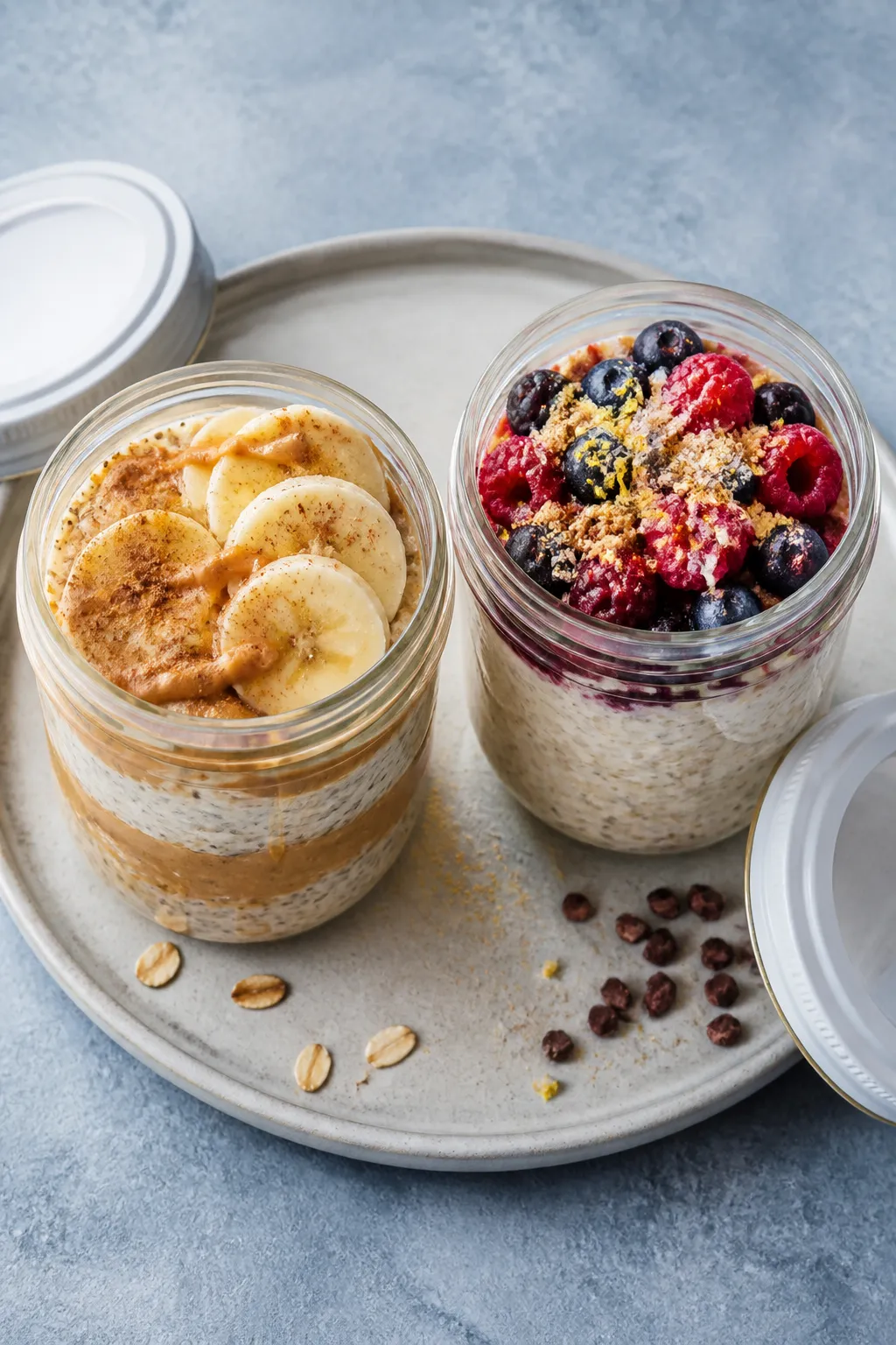 Final plated grab-and-go presentation of two finished overnight oat cups, : one Peanut Butter Banana
