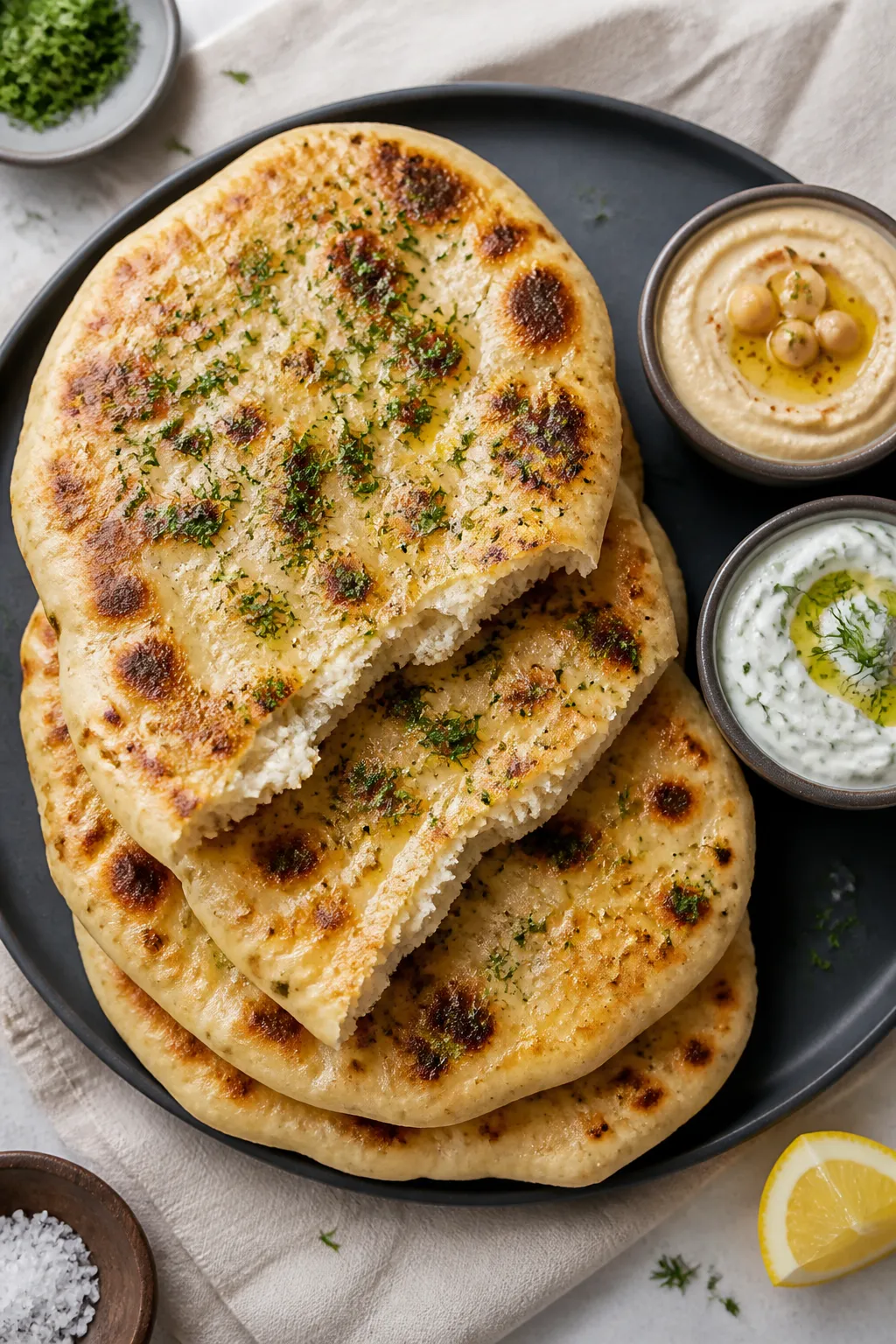 Final plated overhead: A stack of warm Cottage Cheese Garlic Herb Flatbreads on a matte charcoal pla