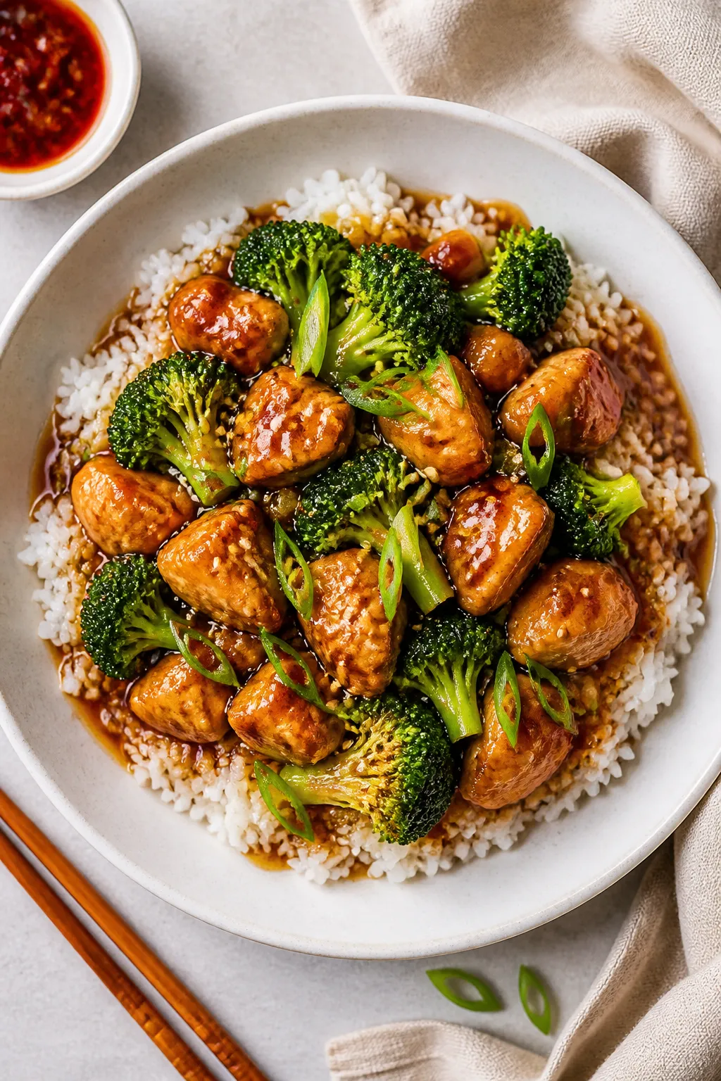 Final plated overhead: Beautifully plated High Protein Chicken & Broccoli Stir Fry over fluffy white