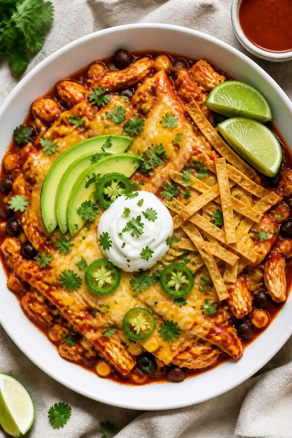 Final plated overhead: Beautifully plated Lean Chicken Enchilada Skillet in a wide, shallow white bo
