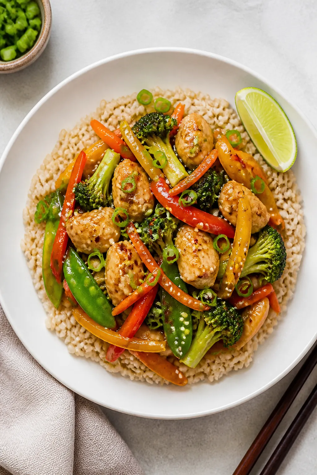 Final plated, overhead beauty: Overhead shot of Low Fat High Protein Chicken Stir Fry neatly plated 