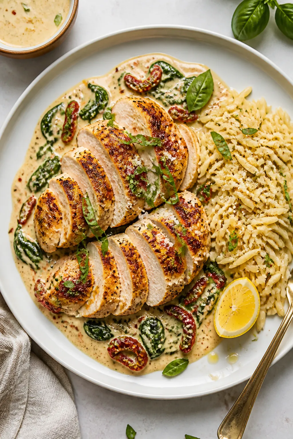 Final plated, overhead beauty: Protein Packed Tuscan Chicken elegantly plated on a matte white dinne