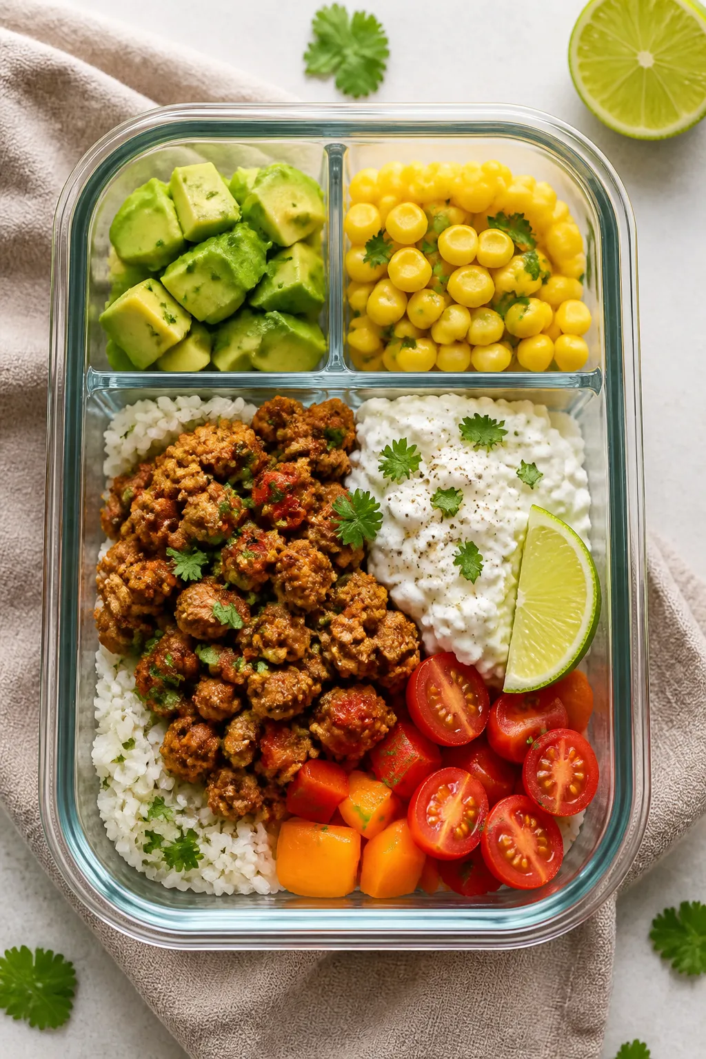 Final plated overhead bowl: Top-down shot of a Cottage Cheese Turkey Taco Meal Prep bowl arranged in