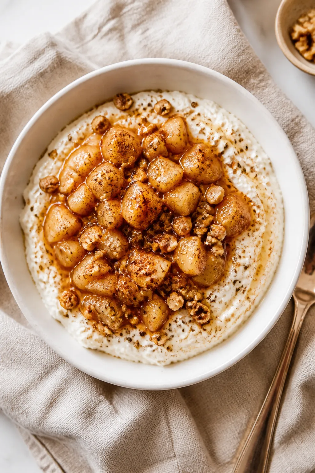 Final plated overhead: Cottage Cheese Apple Pie Bowl assembled in a matte white cereal bowl—silky 