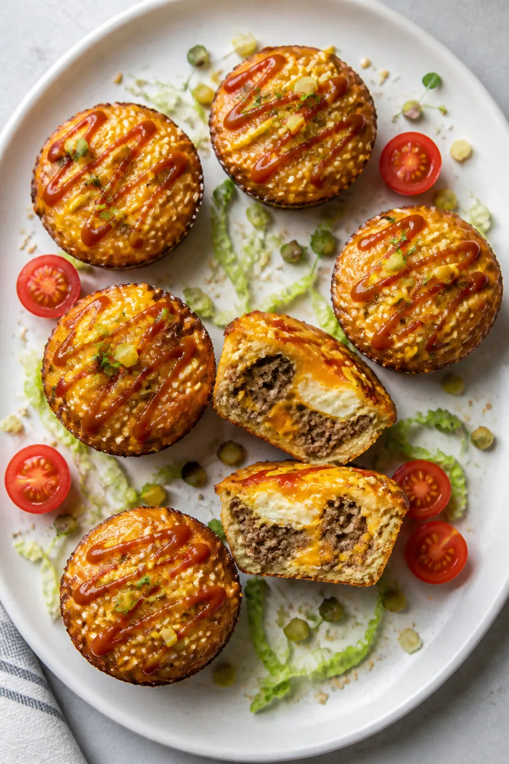 Final plated overhead: High Protein Cheeseburger Snack Cups arranged on a matte white platter, showi