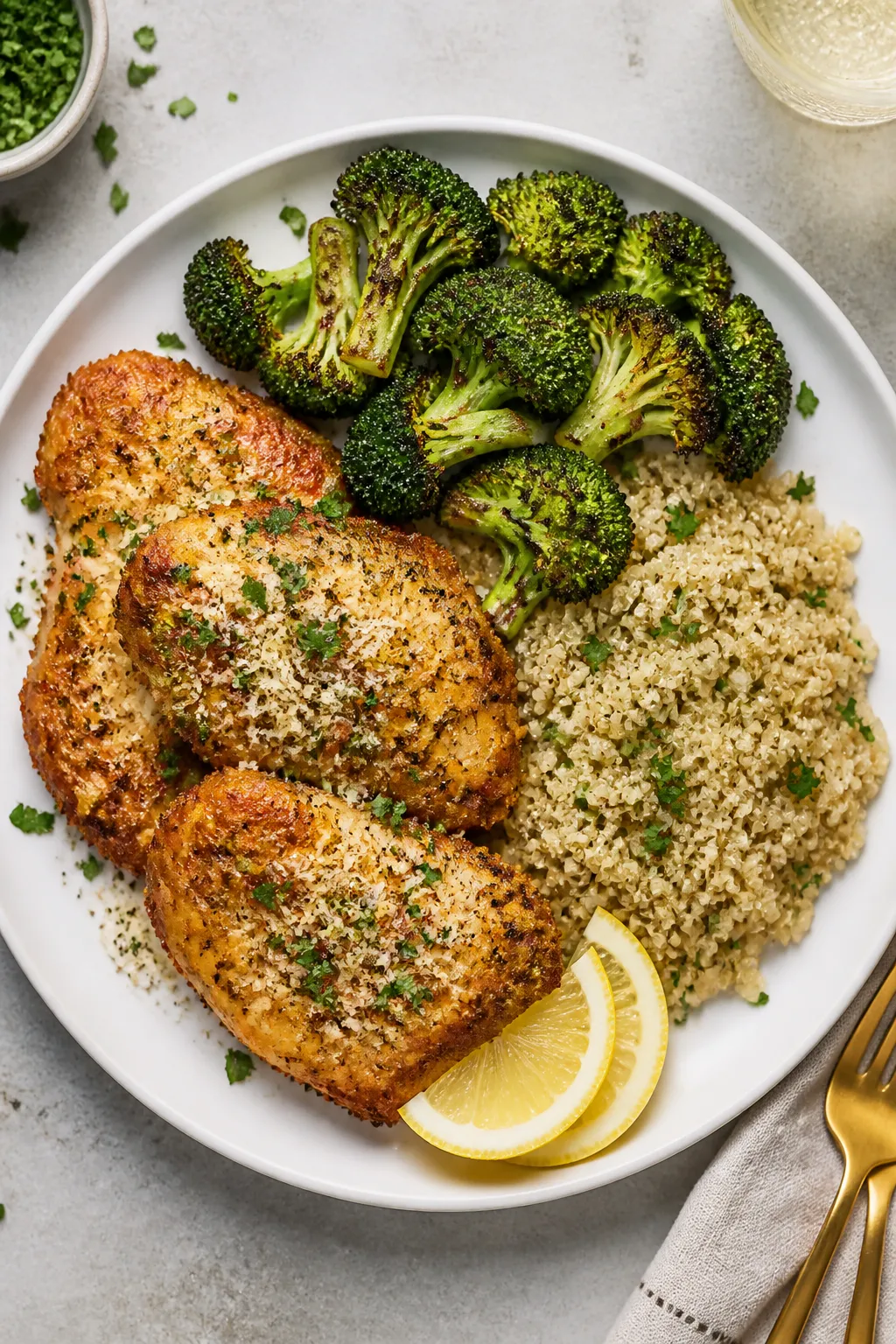 Final plated overhead: High Protein Garlic Parmesan Chicken cutlets arranged on a matte white dinner